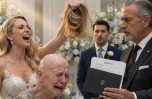 Frente al pastel de bodas, mi nuera dejó a mi esposa sin peluca y mi propio hijo susurró: “Mamá sabe que la queremos”. Yo no discutí; solo encendí el micrófono, mostré una carta notarial y mencioné el convenio que la novia escondía desde hacía 12 días. Entonces alguien sacó un celular con una grabación…