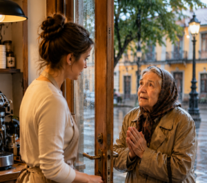 Esa noche, Eva refugió a una anciana empapada… al amanecer, todo el barrio hacía fila frente a su café