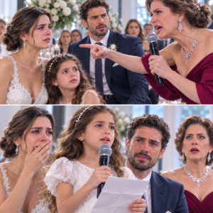 En el brindis de mi boda, mi suegra me llamó “equipaje” frente a 200 invitados y dijo: “Mi hijo se arrepentirá”, mientras aseguraba que “una niña de otro hombre jamás será mi nieta”. Yo no respondí, solo tomé la mano de mi esposo. Pero mi hija subió al escenario con una carta secreta y reveló la decisión que él había tomado esa misma noche.