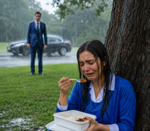 EL MILLONARIO ENCONTRÓ A SU EMPLEADA COMIENDO SOLA BAJO LA LLUVIA… Y CUANDO SUPO POR QUÉ SU FAMILIA LA HABÍA EXPULSADO, TOMÓ UNA DECISIÓN QUE NADIE ESPERABA