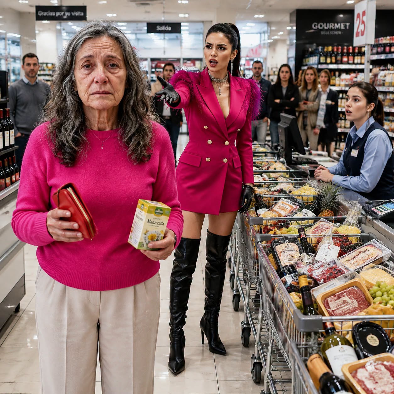 Frente a la cajera y varios clientes, mi hija señaló los tres carritos y me dijo: “Paga rápido, es lo mínimo que debes hacer”. Yo había entregado años antes casi todo el dinero de la venta de mi casa para vivir con ella, pero no dije nada. Simplemente cerré mi monedero y me fui; al día siguiente comprendieron cuánto dependía realmente aquella familia de mí.