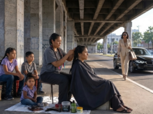 Trenzaba el cabello bajo un puente para ganarse la vida y mantener a sus tres hijos. Una mujer que conducía un BMW se detuvo, y todo cambió.
