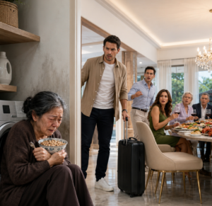Regresé de Hamburgo sin avisar tras diez años y encontré a mi madre de 72 comiendo arroz frío sola en la cocina. Mi hermano y su esposa brindaban con marisco en la casa que yo pagué. Me miró y soltó: “Tu madre sobra cuando viene mi familia”. No discutí, llamé a mi abogado para vender y en el lavadero encontré su cama y una carpeta que ocultaba lo peor.