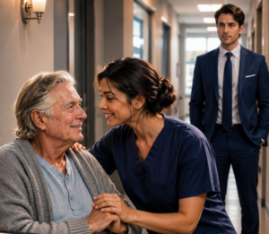 Al llegar tarde al hospital, encontré a mi abuelo sonriendo junto a una enfermera que se había quedado fuera de su turno, mientras mi tía ya preparaba documentos para apartarlo. Entonces la oí decir: «Si te acercas a esta familia por interés, haré que no vuelvas a trabajar aquí». No discutí: llamé al abogado. Pero mi abuelo abrió una carpeta y murmuró: «Yo nunca autoricé esto».